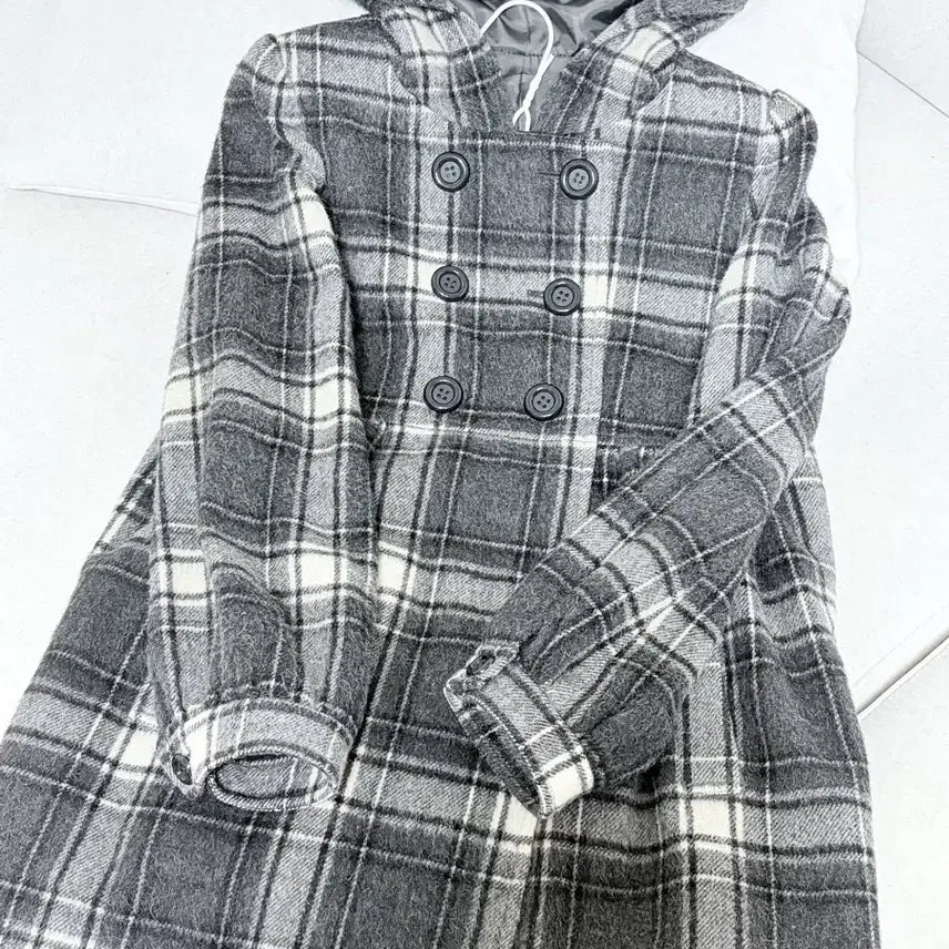 [BUNJANG] Vintage Check Double-Button Coat / 빈티지 체크 더블버튼 코트 후드 | 일본 모리걸 긱시크 갸루 공겜여주