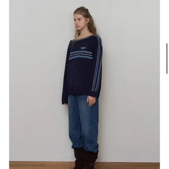 [BUNJANG] Somewherebutte Line Small Logo Stripe Knit Navy / 썸웨어버터 line small logo stripe knit navy