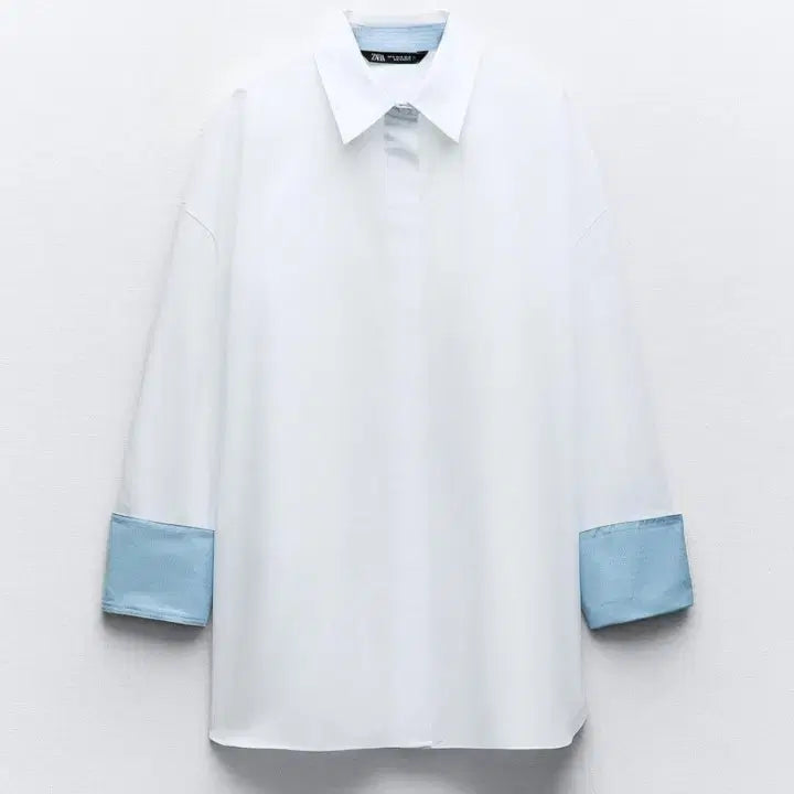 [BUNJANG] ZARA White/Blue Poplin Shirt / 자라 화이트/블루 배색  포플린 셔츠