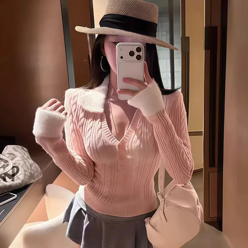 [BUNJANG] Pink Wink Cozy Knit Sweater / [새상품/*빠른발송*] 핑크 카라 윙크 포근 니트 히메갸루