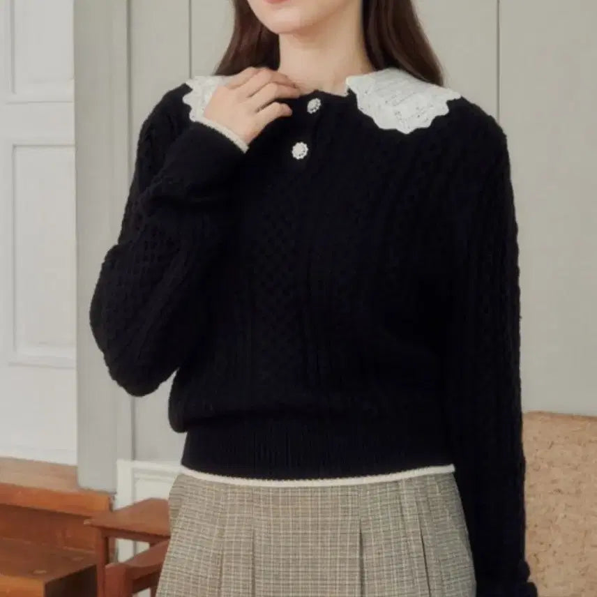 [BUNJANG] JJ JIGOTT Lace Collar Pullover Knit Black / 실착1회.JJ JIGOTT 레이스 칼라 풀오버 니트 블랙 55사이즈