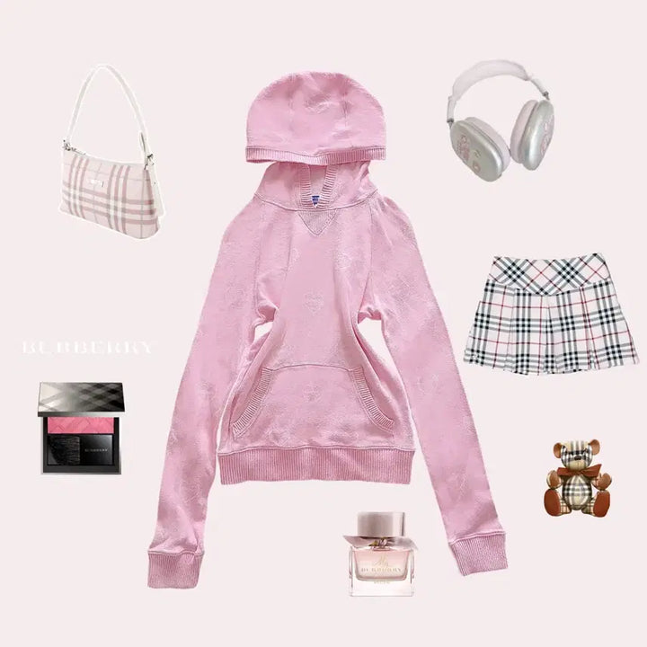 [BUNJANG] Burberry Heart Knit Hoodie / 버버리 핑크 하트 후드 히메 갸루 로리타 명품 정품 빈티지