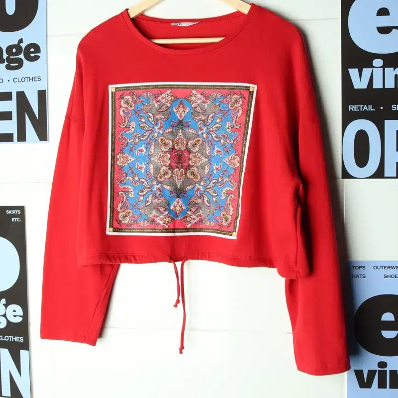 [BUNJANG] ZARA Ethnic Red Crop Sweatshirt / W(M) 자라 맨투맨 티셔츠 에스닉 레드 크롭-17832