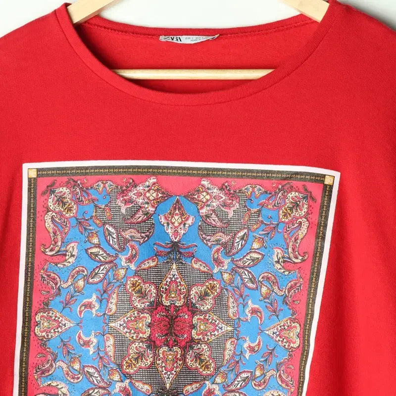 [BUNJANG] ZARA Ethnic Red Crop Sweatshirt / W(M) 자라 맨투맨 티셔츠 에스닉 레드 크롭-17832