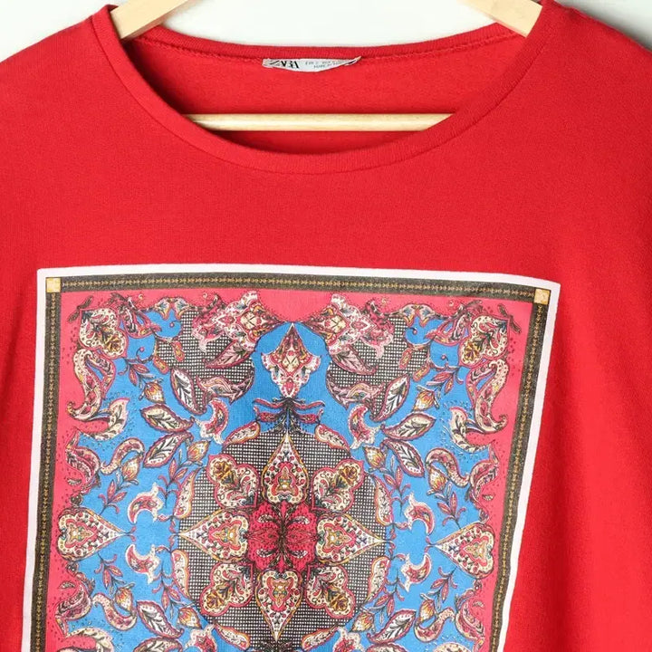 [BUNJANG] ZARA Ethnic Red Crop Sweatshirt / W(M) 자라 맨투맨 티셔츠 에스닉 레드 크롭-17832