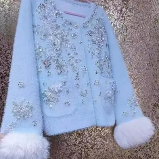 [BUNJANG] Angora Wool Blue Beaded Embellished Cardigan / 앙고라 털 블루 비즈 장식 가디건