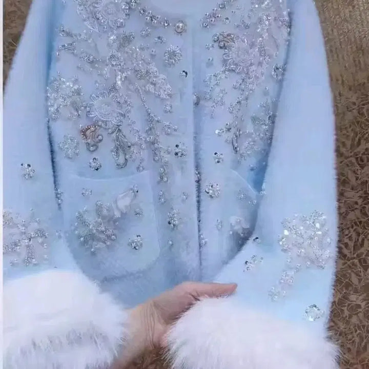 [BUNJANG] Angora Wool Blue Beaded Embellished Cardigan / 앙고라 털 블루 비즈 장식 가디건
