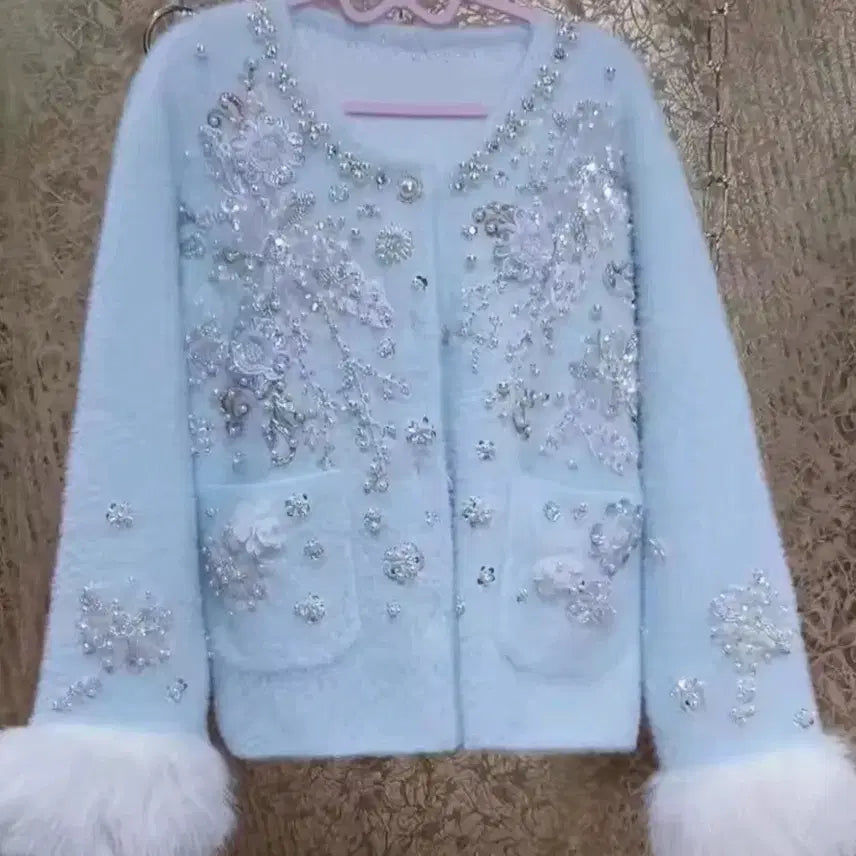 [BUNJANG] Angora Wool Blue Beaded Embellished Cardigan / 앙고라 털 블루 비즈 장식 가디건