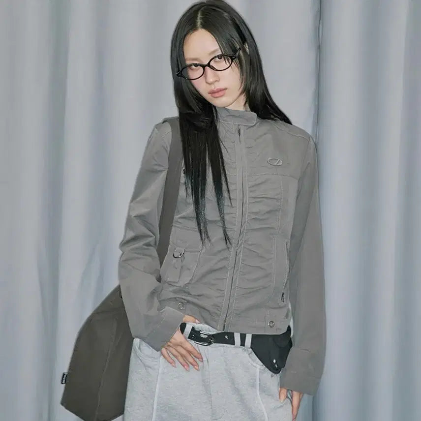 [BUNJANG] ODDSTUDIO Shring Cotton Biker Jacket - Charcoal (Size S) / 시그니처 셔링 코튼 바이커 자켓- CHARCOAL