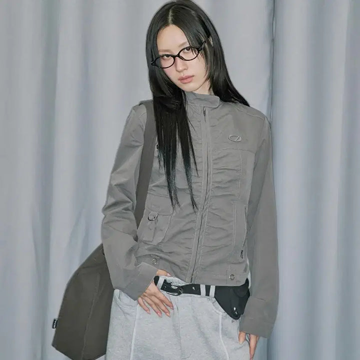 [BUNJANG] ODDSTUDIO Shring Cotton Biker Jacket - Charcoal (Size S) / 시그니처 셔링 코튼 바이커 자켓- CHARCOAL