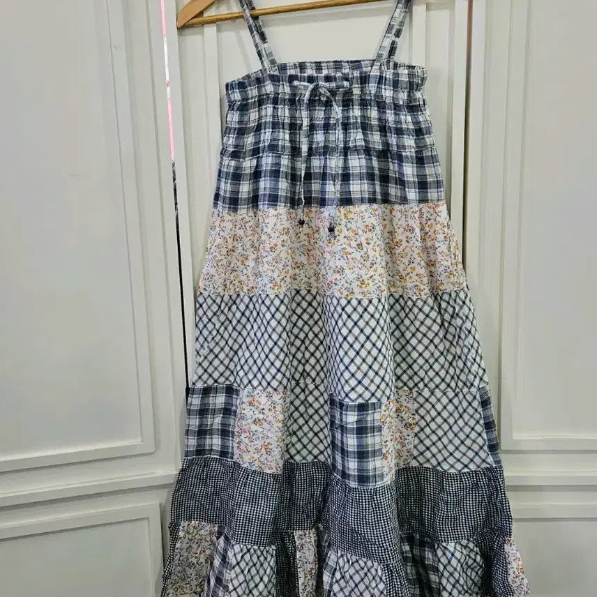[BUNJANG] Patchwork Check Floral Strap Dress / 패치워크 체크 플라워 끈 원피스