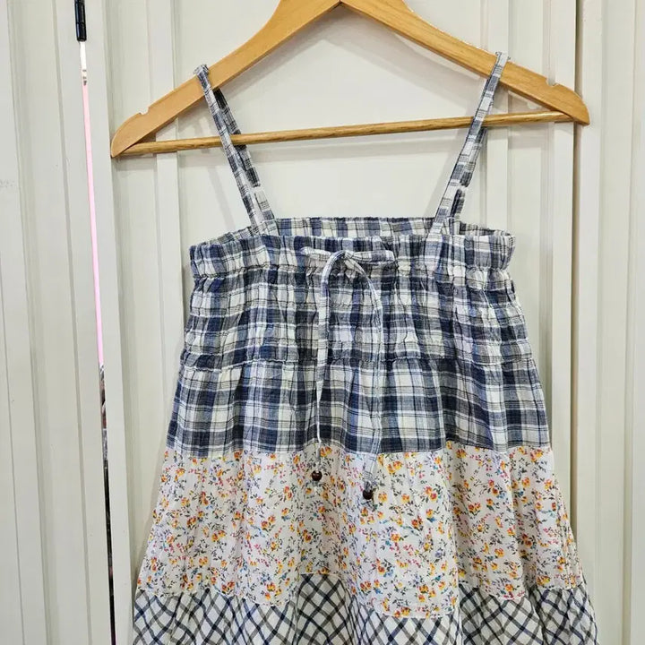 [BUNJANG] Patchwork Check Floral Strap Dress / 패치워크 체크 플라워 끈 원피스