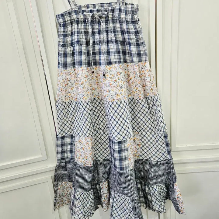 [BUNJANG] Patchwork Check Floral Strap Dress / 패치워크 체크 플라워 끈 원피스