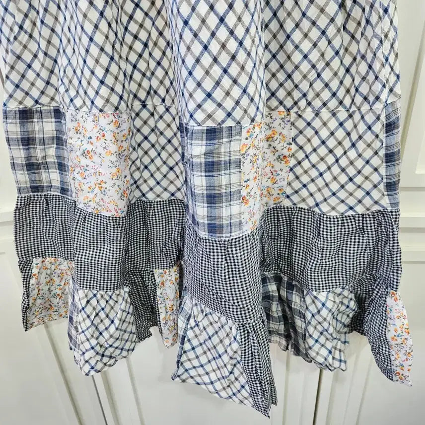 [BUNJANG] Patchwork Check Floral Strap Dress / 패치워크 체크 플라워 끈 원피스