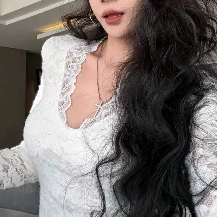 [BUNJANG] Two-Color Lace Blouse See-Through Top / [2컬러] 레이스티셔츠 시스루블라우스 레이스블라우스 데이트룩 시스루티