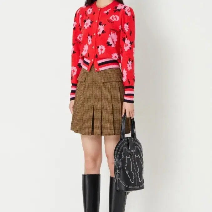 [BUNJANG] Lucky Chouette Floral Pattern Cardigan Red / 럭키슈에뜨 플라워 패턴 가디건 레드