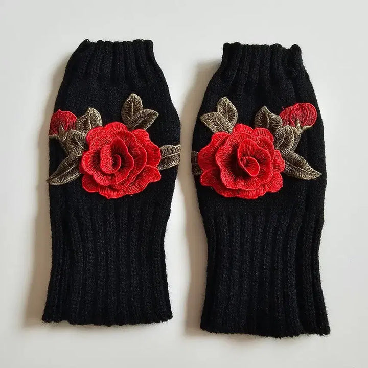 [BUNJANG] Rose Embroidery Knit Arm Warmer Black / 장미 입체 자수 니트 암워머 블랙