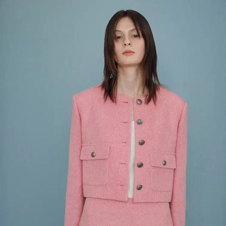 [BUNJANG] Joy Gryson Pink Tweed Cropped Jacket &amp; Mini Skirt Set (Size M) / 조이그라슨 핑크 트위드 크롭자켓 / 미니스커트 세트 (M사이즈)