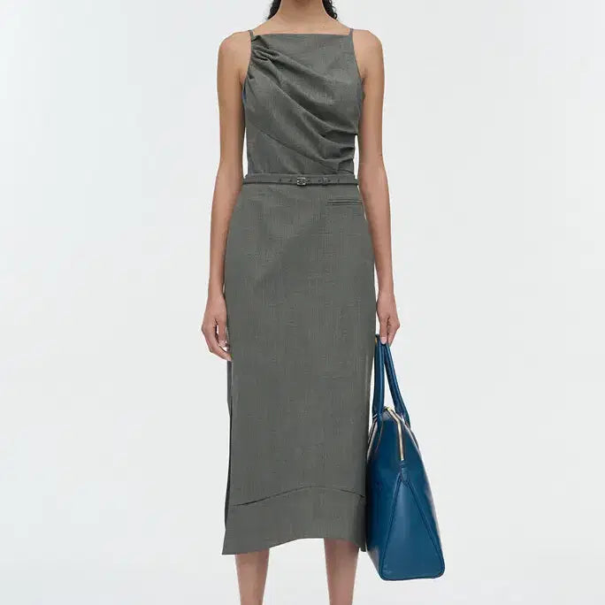 [BUNJANG] Time Wool Blend Belted Cutout Slit Skirt &amp; Drape Sleeveless Top Set / 타임 울 블렌드 벨티드 컷아웃 슬릿 스커트 &amp; 드레이프 슬리브리스 탑