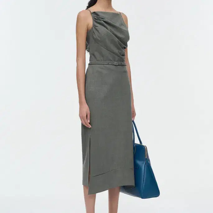 [BUNJANG] Time Wool Blend Belted Cutout Slit Skirt &amp; Drape Sleeveless Top Set / 타임 울 블렌드 벨티드 컷아웃 슬릿 스커트 &amp; 드레이프 슬리브리스 탑