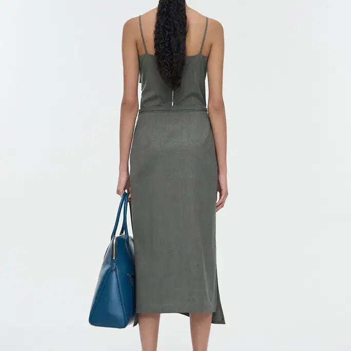 [BUNJANG] Time Wool Blend Belted Cutout Slit Skirt &amp; Drape Sleeveless Top Set / 타임 울 블렌드 벨티드 컷아웃 슬릿 스커트 &amp; 드레이프 슬리브리스 탑