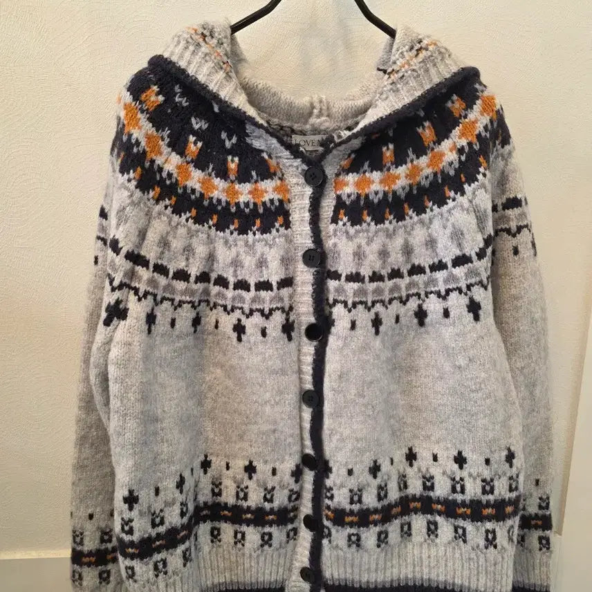 [BUNJANG] LOVE ME MORE Nordic Pattern Hooded Knit Cardigan / LOVE ME MORE 노르딕패턴 후드니트 가디건