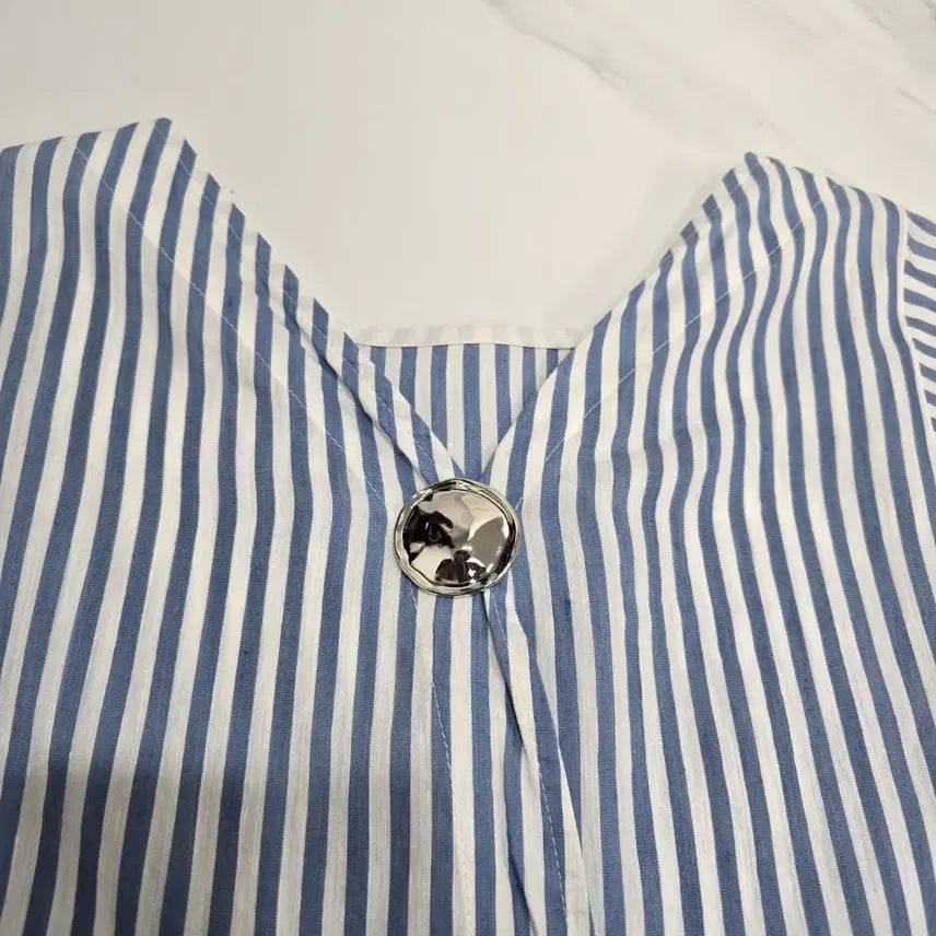 [BUNJANG] SJSJ Linen Silk Blend Striped Short Sleeve Blouse / 한섬 SJSJ 린넨 실크 혼방 스트라이프  반팔 블라우스