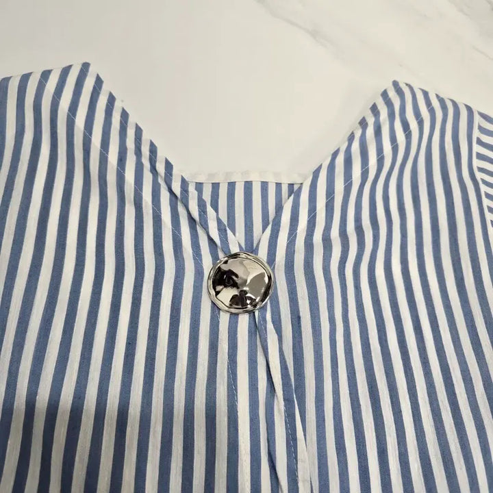 [BUNJANG] SJSJ Linen Silk Blend Striped Short Sleeve Blouse / 한섬 SJSJ 린넨 실크 혼방 스트라이프  반팔 블라우스