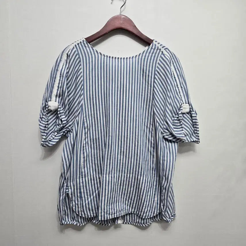 [BUNJANG] SJSJ Linen Silk Blend Striped Short Sleeve Blouse / 한섬 SJSJ 린넨 실크 혼방 스트라이프  반팔 블라우스