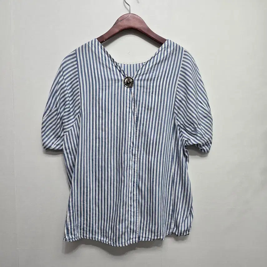 [BUNJANG] SJSJ Linen Silk Blend Striped Short Sleeve Blouse / 한섬 SJSJ 린넨 실크 혼방 스트라이프  반팔 블라우스