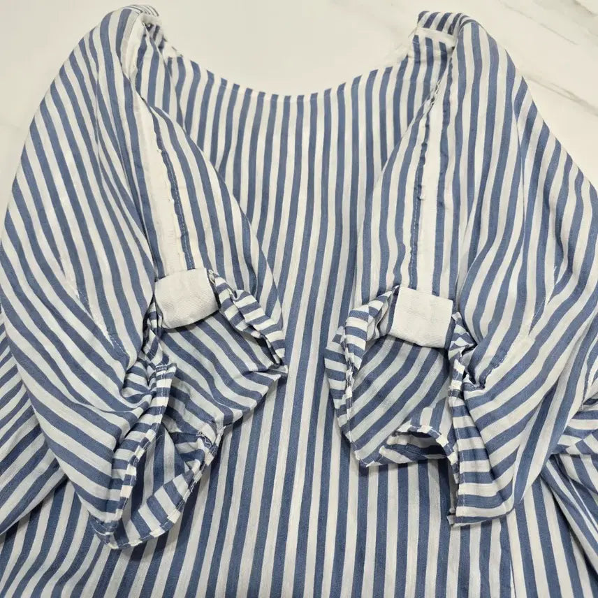 [BUNJANG] SJSJ Linen Silk Blend Striped Short Sleeve Blouse / 한섬 SJSJ 린넨 실크 혼방 스트라이프  반팔 블라우스