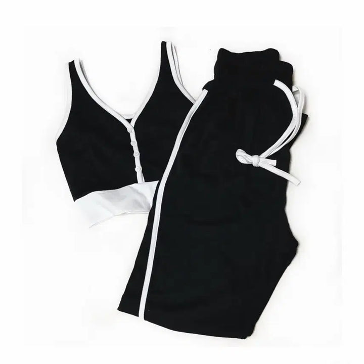 [BUNJANG] V-Neck Button Crop Top / 배색 브이넥 버튼 크롭탑 블랙/화이트 새상품