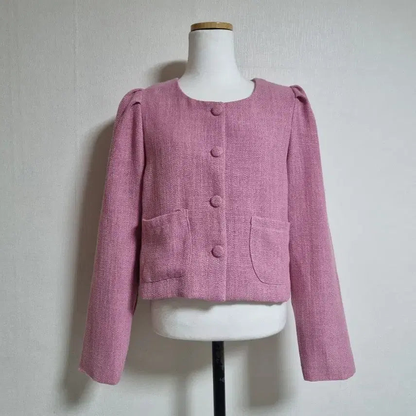 [BUNJANG] Pink Tweed Puff Crop Jacket / 핑크 트위드 퍼프 크롭 자켓