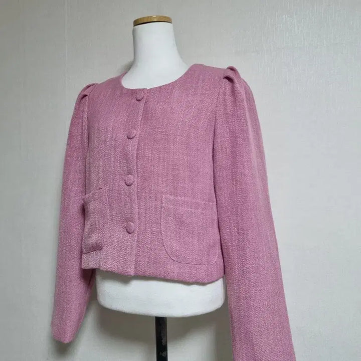 [BUNJANG] Pink Tweed Puff Crop Jacket / 핑크 트위드 퍼프 크롭 자켓