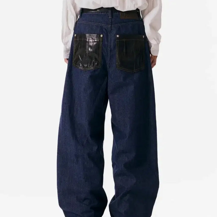 [BUNJANG] A.KAM Leather Patch Denim Pants Blue Size 1 / 아캄 레더 패치 데님 팬츠 블루 1사이즈