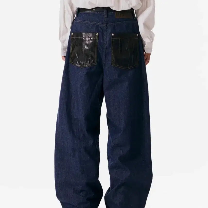 [BUNJANG] A.KAM Leather Patch Denim Pants Blue Size 1 / 아캄 레더 패치 데님 팬츠 블루 1사이즈