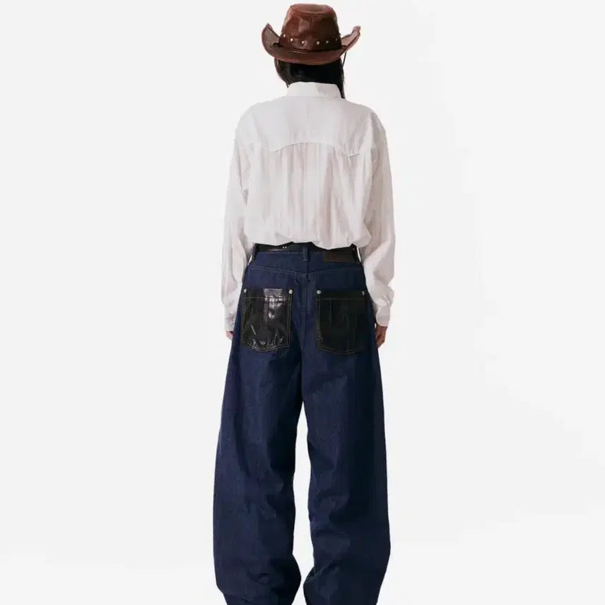 [BUNJANG] A.KAM Leather Patch Denim Pants Blue Size 1 / 아캄 레더 패치 데님 팬츠 블루 1사이즈