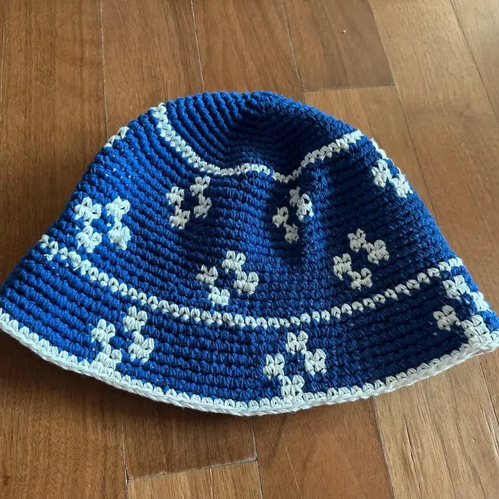 [BUNJANG] Handmade Knit Bucket Hat Blue/White / 핸드메이드 뜨개 모자 파랑/흰색 벙거지 버킷햇