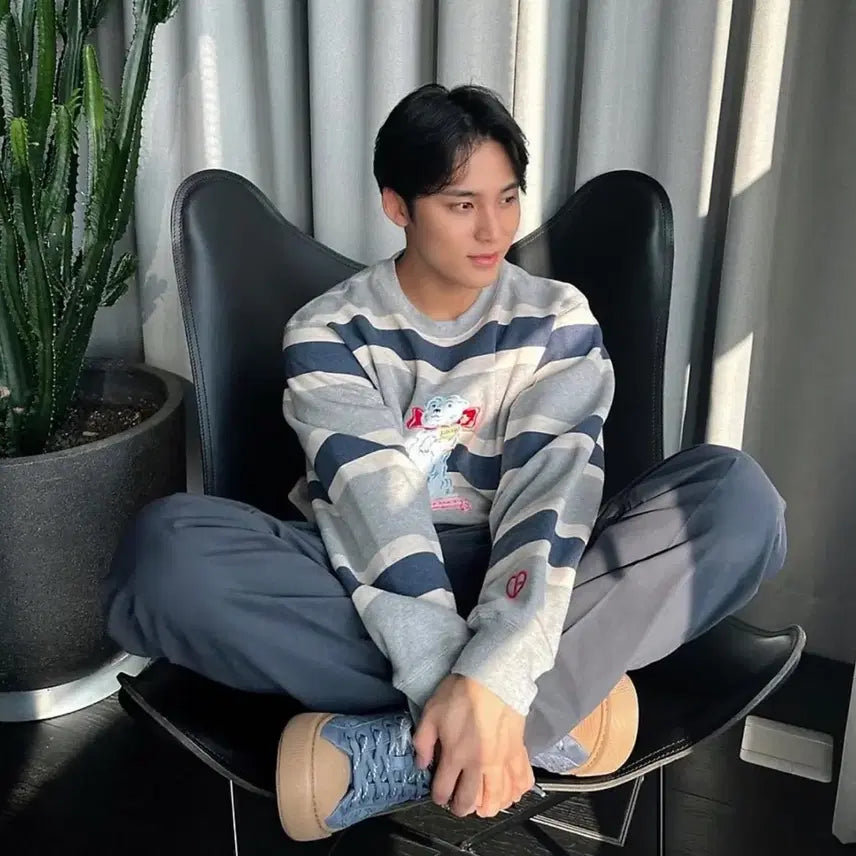[BUNJANG] Dior Grey Stripe Cotton Fleece Bear Embroidery Sweater (L) / 디올 그레이 스트라이프 코튼 플리스 곰돌이 L 리미티드에디션 판매가260