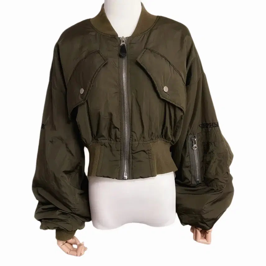 [BUNJANG] Vintage Back Lettering Crop Bomber Jacket / 일본 백 레터링 크롭 항공 점퍼 카키 색상 자켓