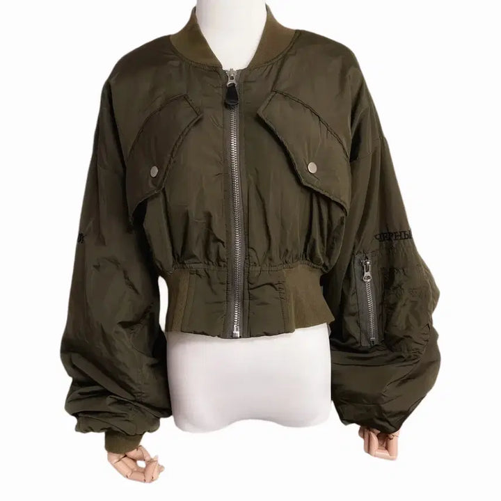 [BUNJANG] Vintage Back Lettering Crop Bomber Jacket / 일본 백 레터링 크롭 항공 점퍼 카키 색상 자켓
