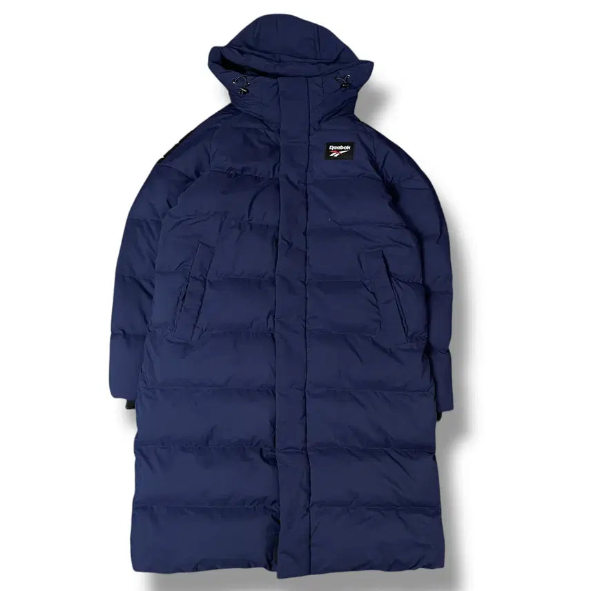 [BUNJANG] Reebok Logo Down Navy Hooded Bench Long Padded Jacket M / 리복 로고 다운 네이비 후드 벤치 롱패딩 M