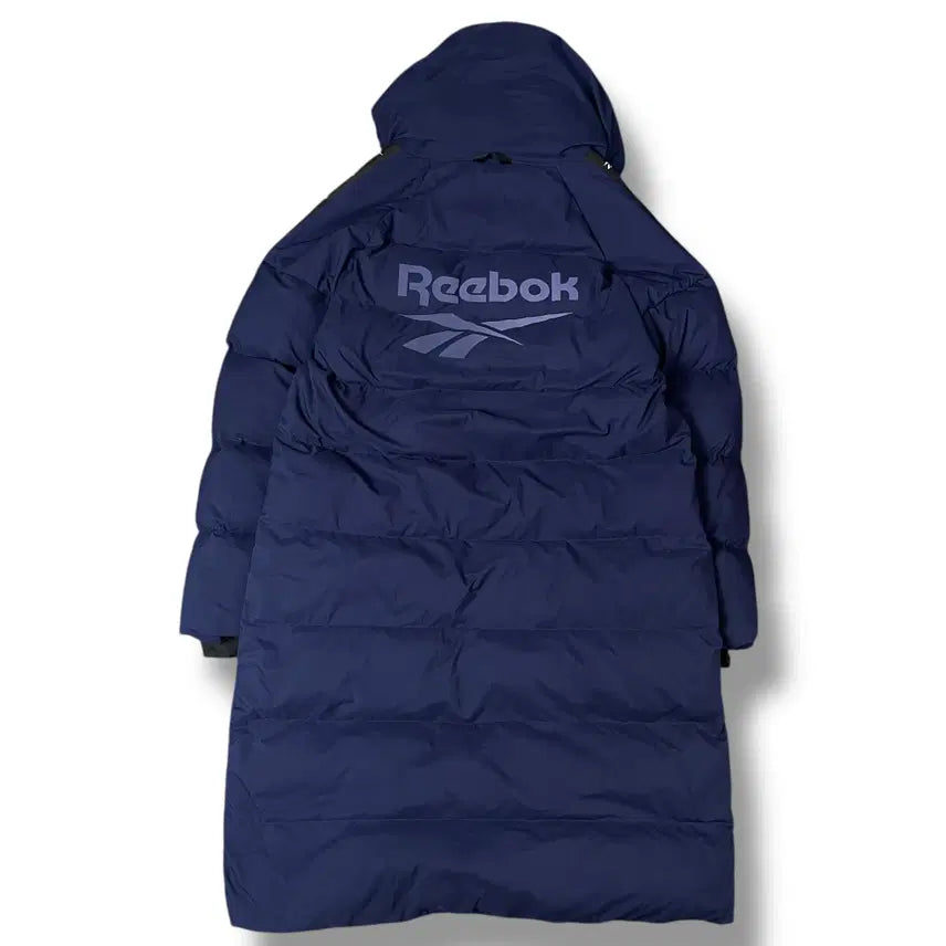 [BUNJANG] Reebok Logo Down Navy Hooded Bench Long Padded Jacket M / 리복 로고 다운 네이비 후드 벤치 롱패딩 M