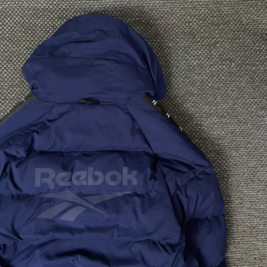 [BUNJANG] Reebok Logo Down Navy Hooded Bench Long Padded Jacket M / 리복 로고 다운 네이비 후드 벤치 롱패딩 M
