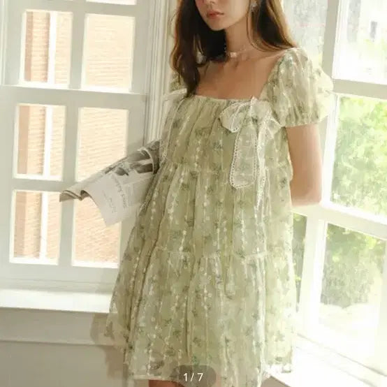 [BUNJANG] Floral Babydoll Mini Dress Ribbon / S사이즈) 신스덴 리본 캉캉 원피스 플로럴베이비돌 미니원피스