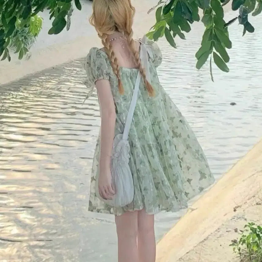 [BUNJANG] Floral Babydoll Mini Dress Ribbon / S사이즈) 신스덴 리본 캉캉 원피스 플로럴베이비돌 미니원피스