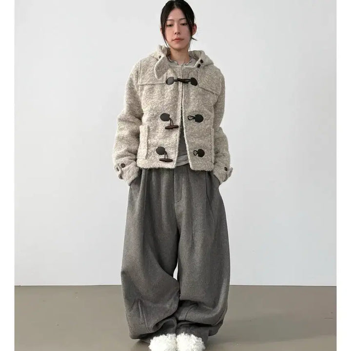 [BUNJANG] Local Mansion Boucle Crop Duffle Coat &amp; Wide Pants Set / (코디세트) 로컬맨션 부클크롭더플코트 떡볶이코트 와이드팬츠 미니백벨트