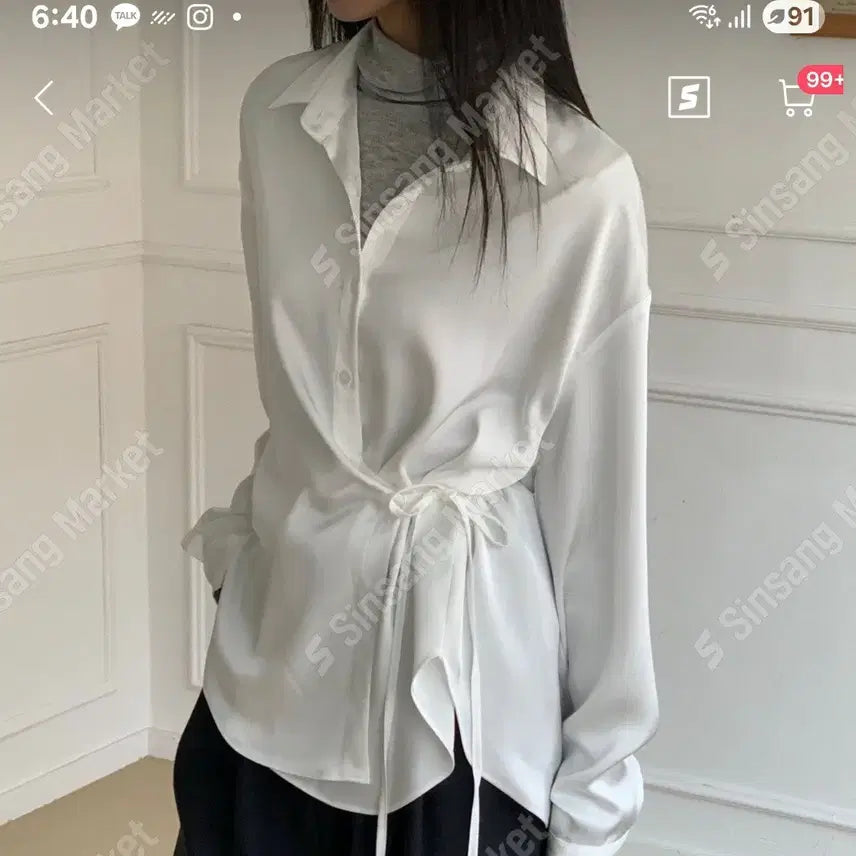 [BUNJANG] Generic Blouse - White/Sky Blue - Shirt / 셔츠 블라우스(새상품)팔로우특가