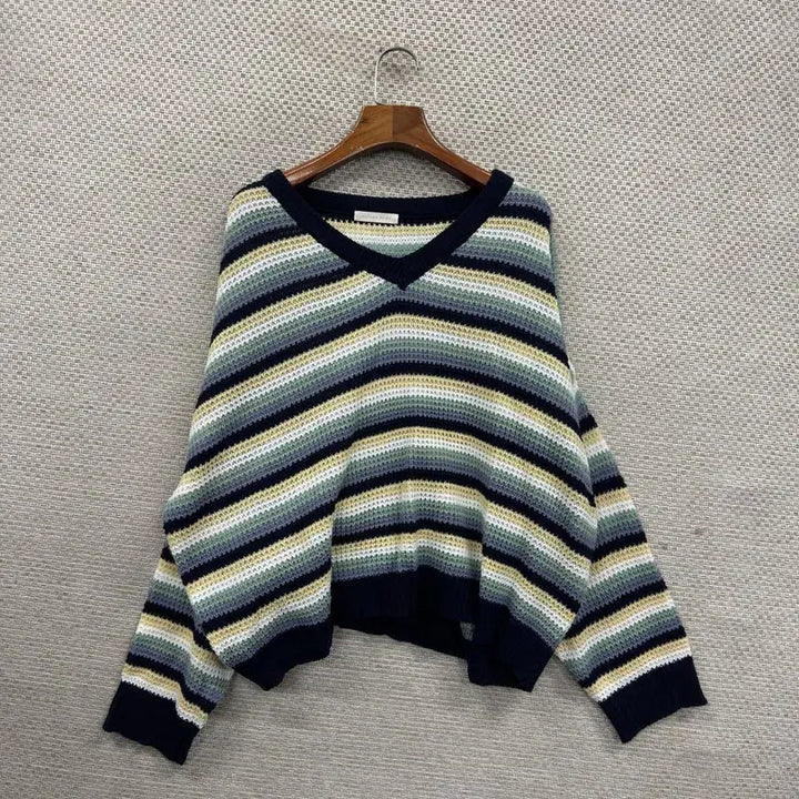 [BUNJANG] Vintage Oversized V-Neck Striped Knit Sweater / 빈티지 오버핏 브이넥 스트라이프 니트 95 M13549