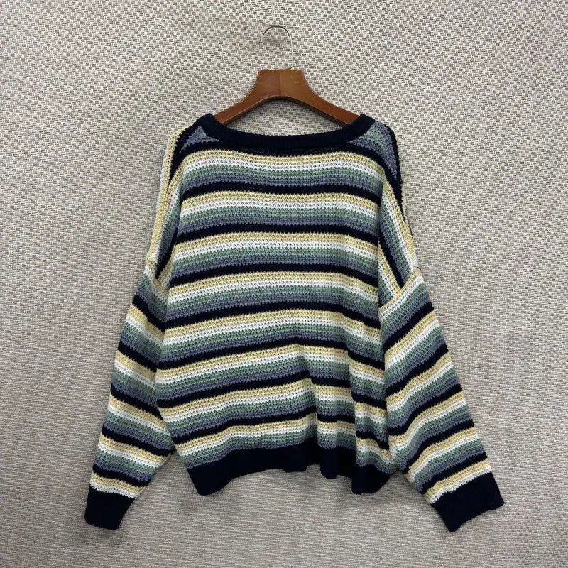 [BUNJANG] Vintage Oversized V-Neck Striped Knit Sweater / 빈티지 오버핏 브이넥 스트라이프 니트 95 M13549